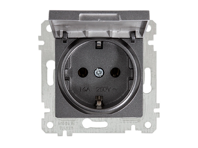 Розетка 1-ая (скрытая, без рамки, с/з, с крышкой) дымчатая, RITA, MUTLUSAN (16 A, 250 V, IP 20)