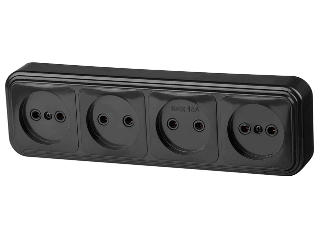 Розетка 4-ая (открытая, б/з) черная, Стандарт, Юпитер (RA 16-464-Ч) (ЮПИТЕР)