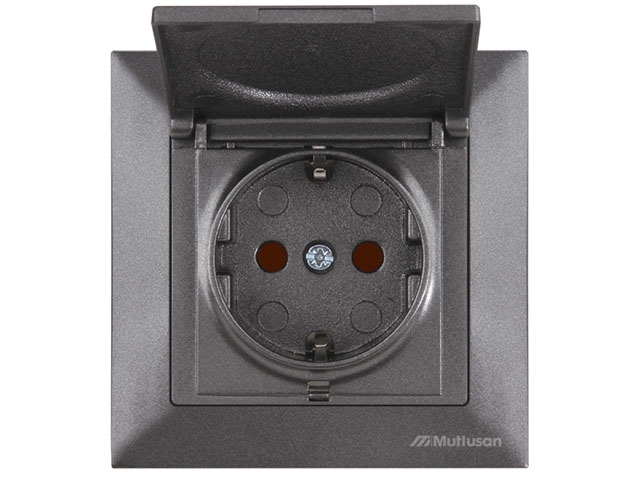 Розетка 1-ая (скрытая, с/з, шторки, с крышкой) дымчатая, DARIA, MUTLUSAN (16 A, 250 V, IP 20)