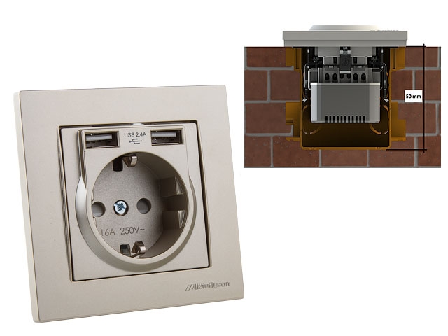 Розетка 1-ая (скрытая, с/з) + 2 USB титан, RITA, MUTLUSAN