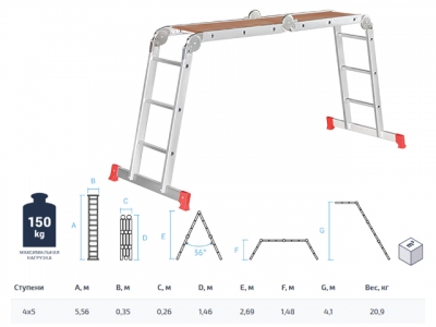 Лестница алюм. многофункц. трансформер 4х5 ступ. с помостом, 20.9кг NV200 Новая высота (Новая Высота)