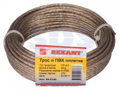 Трос стальной в ПВХ оплетке d=4,0 мм, прозрачный ( моток 20 м)  REXANT
