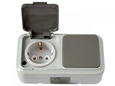 Блок выкл. 1 клав. + розетка (открытая, с/з, брызг. защ.) серая, Пралеска Аква, Bylectrica (IP54 пылебрызгозащищенные)