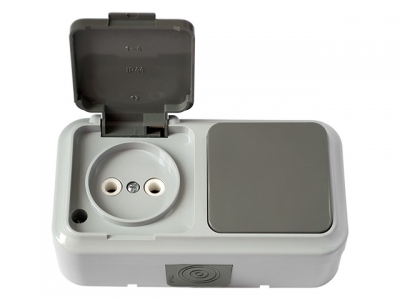 Блок выкл. 1 клав. + розетка (открытая, б/з, брызг. защ.) серая, Пралеска Аква, Bylectrica (IP54 пылебрызгозащищенные)