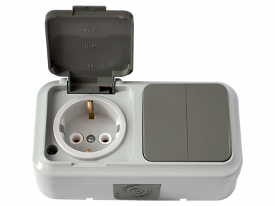 Блок выкл. 2 клав. + розетка (открытая, с/з, брызг. защ.) серая, Пралеска Аква, Bylectrica (IP54 пылебрызгозащищенные)