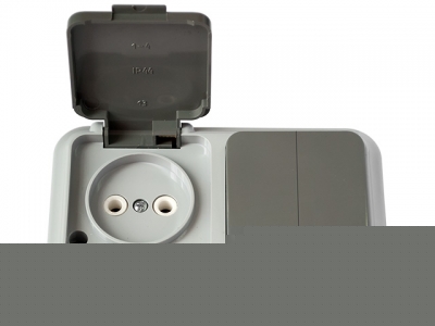 Блок выкл. 2 клав. + розетка (открытая, б/з, брызг. защ.) серая, Пралеска Аква, Bylectrica (IP54 пылебрызгозащищенные)