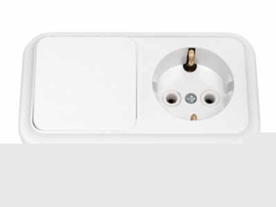 Блок выкл. 1 клав. + розетка (открытая, с/з) белая, Пралеска, BYLECTRICA