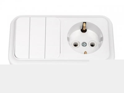 Блок выкл. 3 клав. + розетка (открытая, с/з) белая, Пралеска, BYLECTRICA