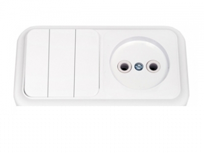 Блок выкл. 3 клав. + розетка (открытая, б/з) белая, Пралеска, BYLECTRICA