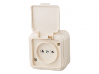 Розетка 1-ая (открытая, б/з, брызг. защ.) бежевая, Стандарт, Юпитер (RA 16-201 БЖ) (ЮПИТЕР)