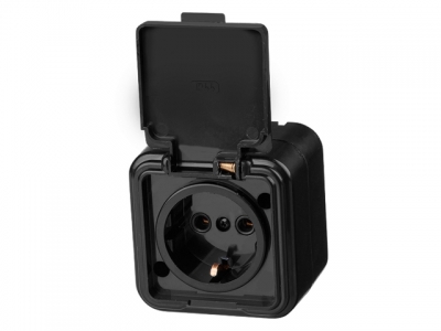 Розетка 1-ая (открытая, с/з, брызг. защ.) черная, Стандарт, Юпитер (RA 16-211-Ч) (ЮПИТЕР)