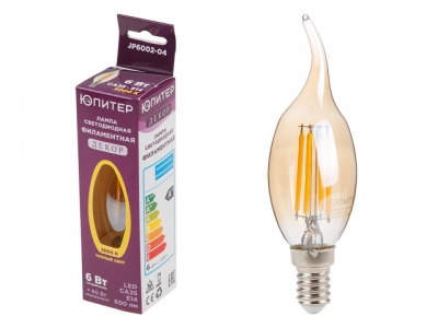 Лампа светодиодная филаментная CA35 СВЕЧА НА ВЕТРУ 6 Вт E14 3000К ЮПИТЕР ДЕКОР (60 Вт аналог лампы накал., 460Лм)