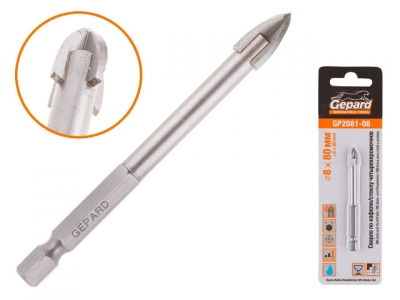 Сверло по кафелю/стеклу 8х80мм четырехкромочное шестигр. GEPARD (GP2081-08) (по керамической плитке, крестовая пластина)