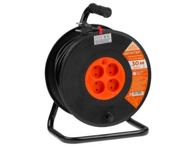 Удлинитель на катушке 30м (4 роз., 3,5кВт, б/з, ПВС 2х1,5)  Юпитер (с защитой от перегрузки) (ЮПИТЕР)