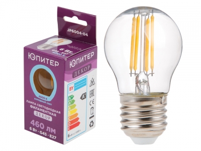 Лампа светодиодная филаментная G45 ШАР 6 Вт E27 4000К ЮПИТЕР ДЕКОР (60 Вт аналог лампы накал., 460Лм)