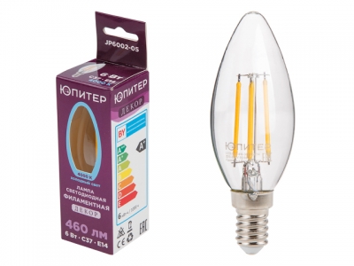 Лампа светодиодная филаментная C37 СВЕЧА 6 Вт E14 4000К ЮПИТЕР ДЕКОР (60 Вт аналог лампы накал., 460Лм)