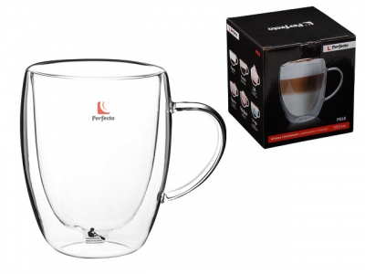 Кружка стеклянная с двойными стенками, 350 мл, серия PELE, PERFECTO LINEA (Чашка стеклянная, ручной работы, с двойными стенками из боросиликатного сте