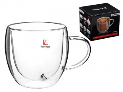 Кружка стеклянная с двойными стенками, 250 мл, серия GRANOS, PERFECTO LINEA (Чашка стеклянная, ручной работы, с двойными стенками из боросиликатного с