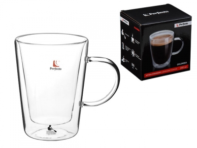Кружка стеклянная с двойными стенками, 280 мл, серия COLOMBIA, PERFECTO LINEA (Чашка стеклянная, ручной работы, с двойными стенками из боросиликатного