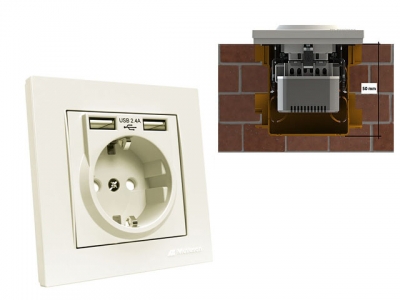 Розетка 1-ая (скрытая, с/з) + 2 USB кремовая, RITA, MUTLUSAN