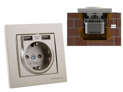Розетка 1-ая (скрытая, с/з) + 2 USB титан, RITA, MUTLUSAN
