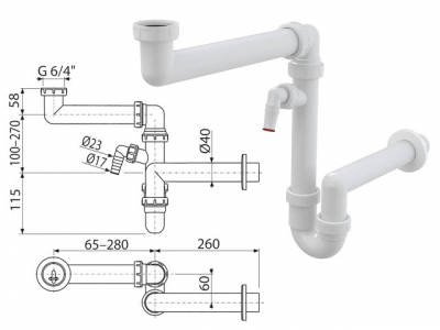 Сифон для мойки экономящий пространство cо штуцером и накидной гайкой 6/4, Alcaplast
