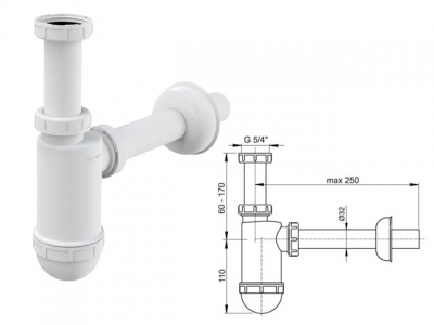 Сифон для умывальника O32 c накидной гайкой 5/4, Alcaplast