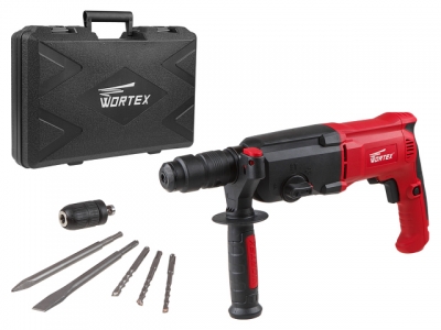 Перфоратор WORTEX RH 2427 X в чем. + (2 зубила, 3 сверла) (900 Вт, 2.8 Дж, 3 реж., патрон SDS-plus, быстросъемн., БЗП в комплекте, вес 3.1 кг)