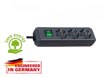 Удлинитель 5м (3 роз., 3.3кВт, с/з, выкл., ПВС) черный Brennenstuhl Eco-Line (провод 3х1,5мм2, сила тока 16А, с/з - с заземляющим контактом)