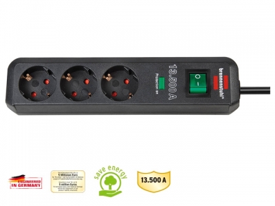 Удлинитель / фильтр сетев. 1.5м (3 роз., 3.3кВт, с/з, выкл., ПВС) Brennenstuhl Eco-Line (провод 3х1,5мм2, сила тока 16А, до 13 500 А)