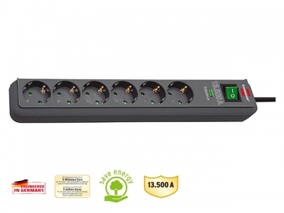 Удлинитель / фильтр сетев. 1.5м (6 роз., 3.3кВт, с/з, выкл., ПВС) Brennenstuhl Eco-Line (провод 3х1,5мм2, сила тока 16А, до 13 500 А)