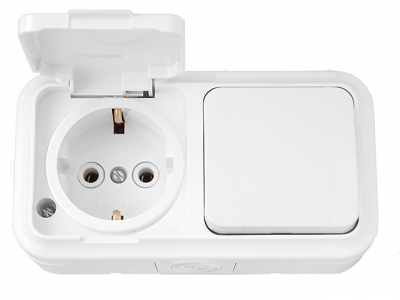 Блок выкл. 1 клав. + розетка (открытая, с/з, брызг. защ.) белая, Пралеска Аква, Bylectrica (IP54 пылебрызгозащищенные)