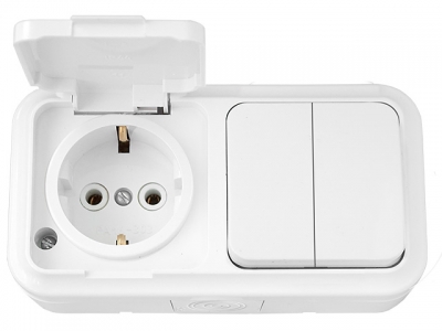 Блок выкл. 2 клав. + розетка (открытая, с/з, брызг. защ.) белая, Пралеска Аква, Bylectrica (IP54 пылебрызгозащищенные)