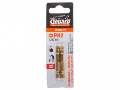 Насадка крестообразная PH2 50мм  2шт с титановым напылением GEPARD (GP3800-50) (бита Phillips сталь S2 магнитная TIN покрытие)