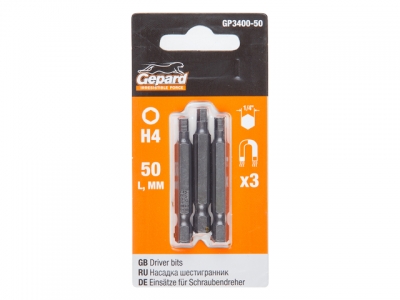 Насадка шестигранник 4мм 1/4" 50мм  3шт GEPARD (GP3400-50) (H4 Hex Shank Hexagon бита под конфирмат сталь S2 магнитная)